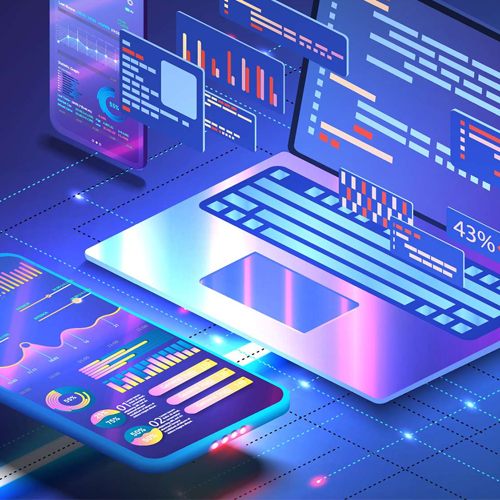Ilustración de desarrollo de software y paneles de datos